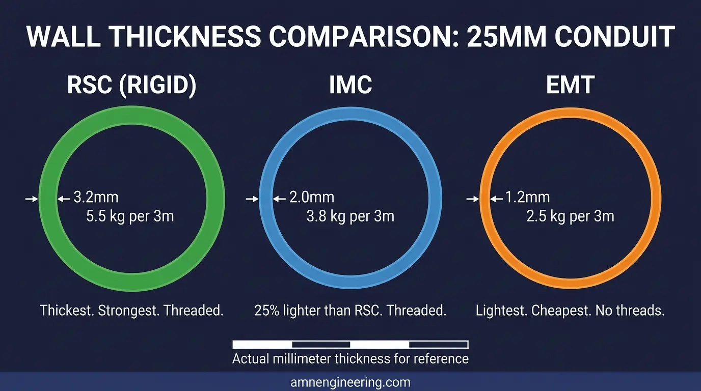 Cross section comparison of rigid steel conduit, IMC, and EMT showing wall thickness differences